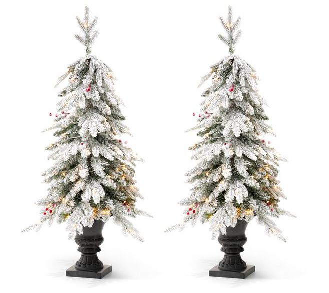 Glitzhome 4FT Pre-Lit Flocked Faux Christmas Porch Tree S/2