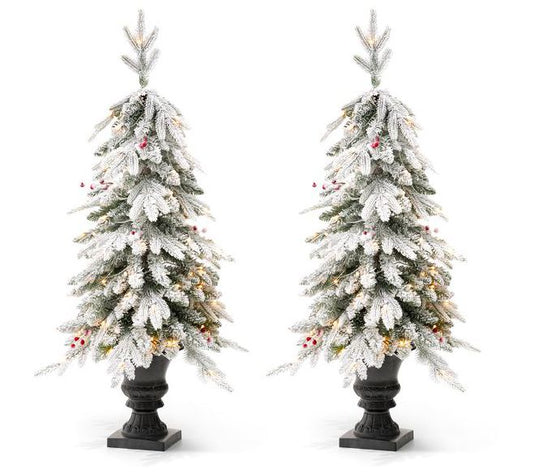 Glitzhome 4FT Pre-Lit Flocked Faux Christmas Porch Tree S/2