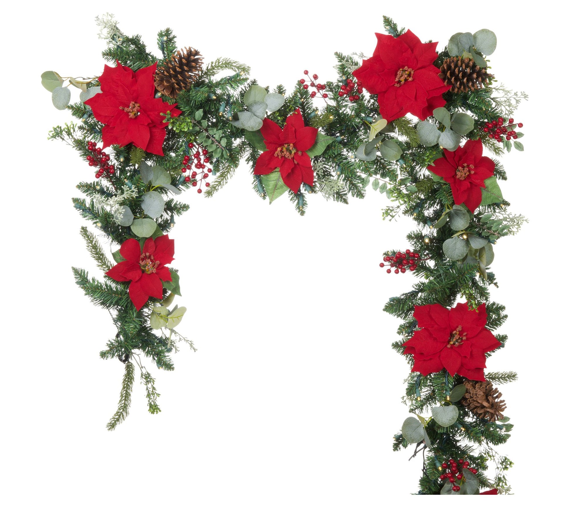 Village Lighting 9' Pre-Lit LED Garland - Christmas Poinsetti