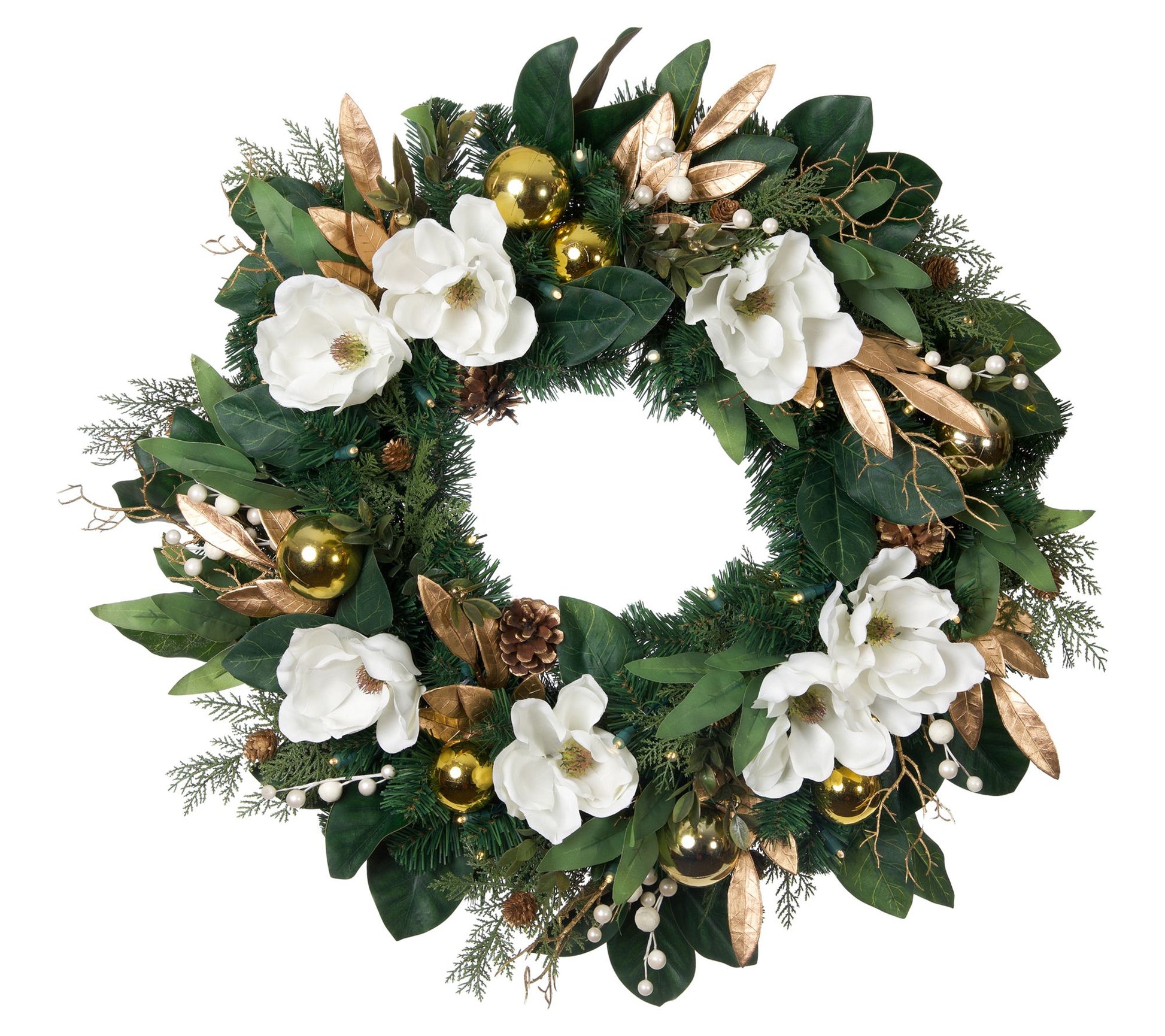 Village Lighting 30" Pre-Lit LED Wreath - White  Gold Magnolia