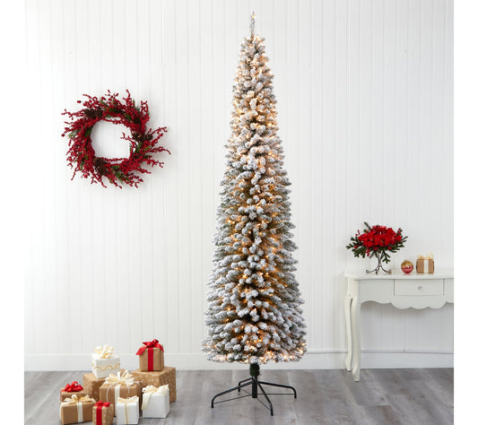 Nearly Natural 9" Flocked Pencil Faux ChristmasTree w/ Lights