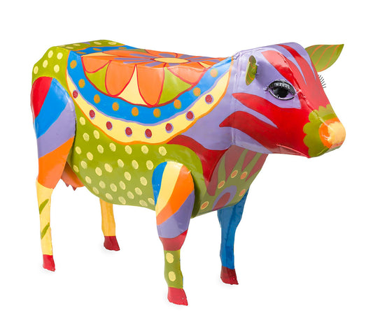 Plow & Hearth Handmade Colorful Painted Cow Metal Side Table