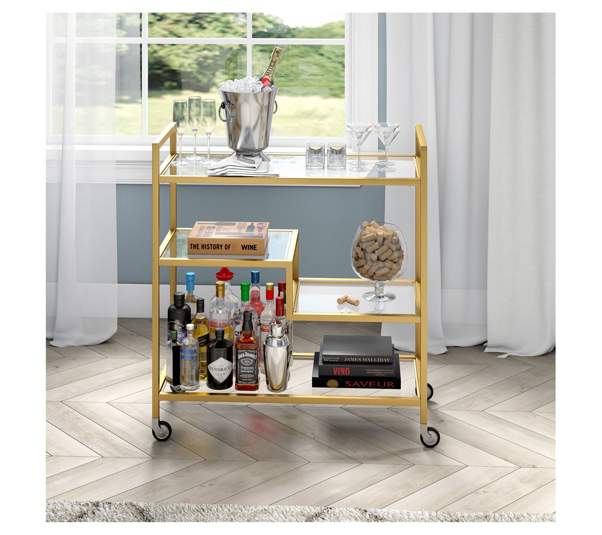 Hudson & Canal Lovett 33" Wide Bar Cart with Glass Shelves