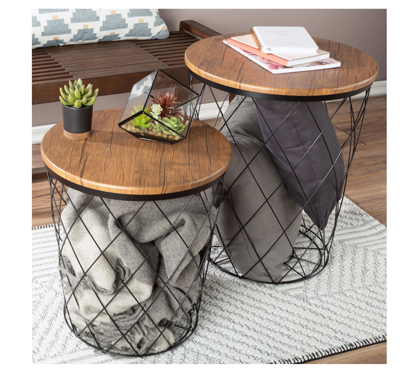Lavish Home 2 Nesting Tables with Diamond Pattern Wire Basket