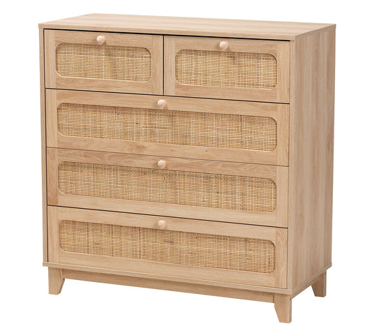 Baxton Studio Elsbeth Wood and Rattan 5-DrawerStorage Cabinet