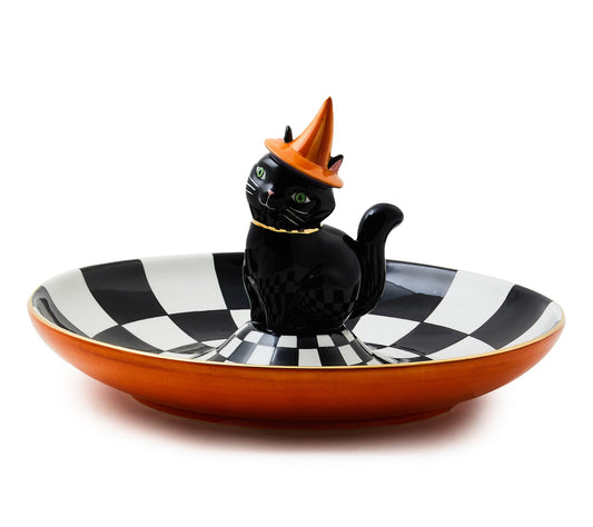 MacKenzie- Childs Trick or Treat Cat Check Candy Dish