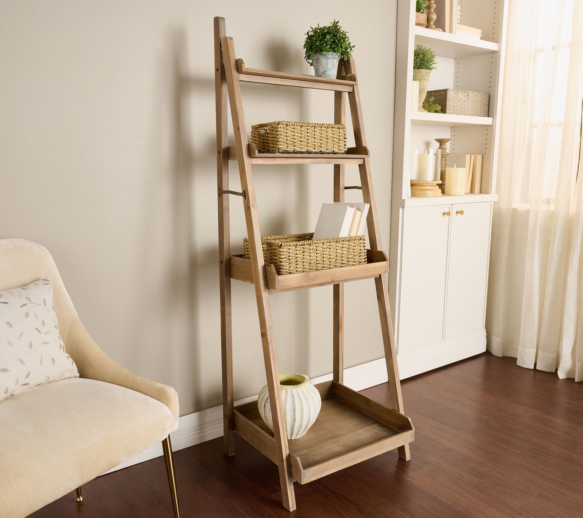 Home Reflections Wood Ladder with Set of 2 Baskets