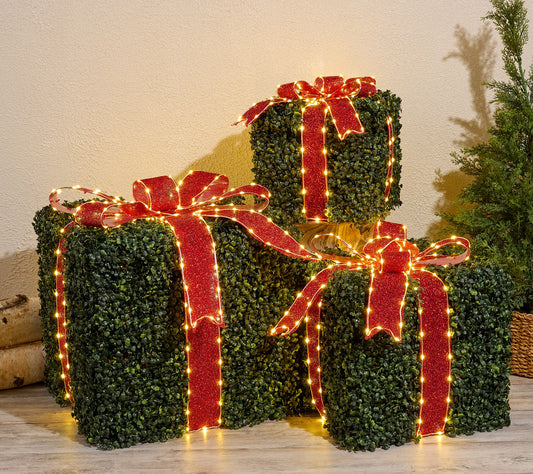 Kringle Express S/3 Oversized In/Outdoor Lit Boxwood Presents
