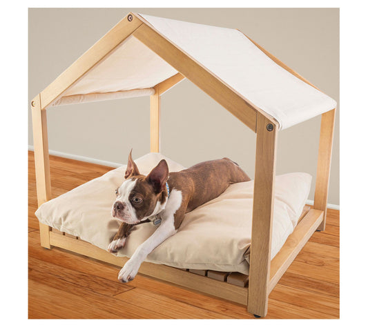 Petmaker Indoor Wood Dog House w/ Cushion & Adjustable Canopy