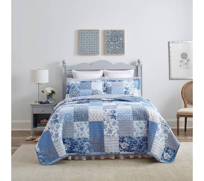 Laura Ashley Paisley Patchwork Bright Blue KingQuilt-Sham Set