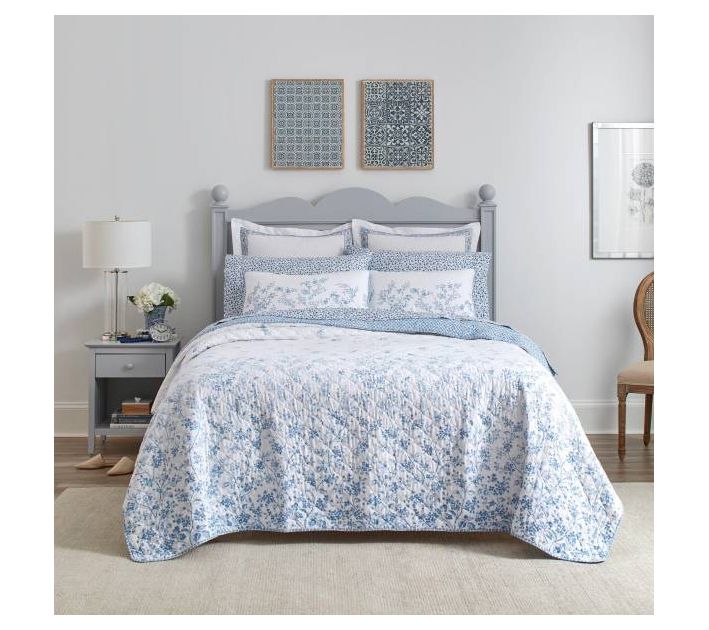 Laura Ashley Flora Blue Full Queen Quilt-Sham Set