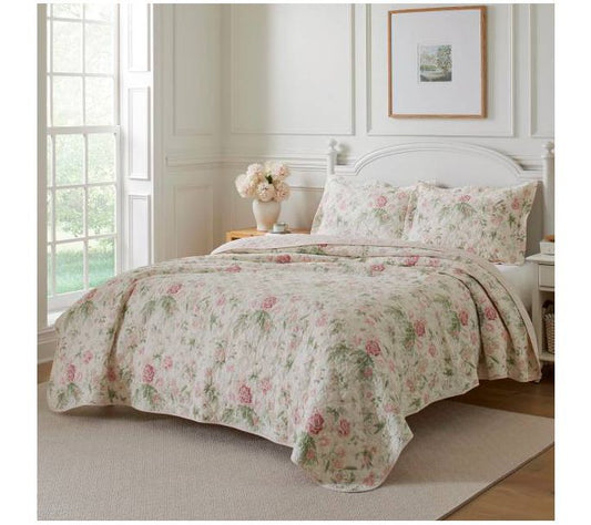 Laura Ashley Breezy Floral Green Full Queen Quilt-Sham Set