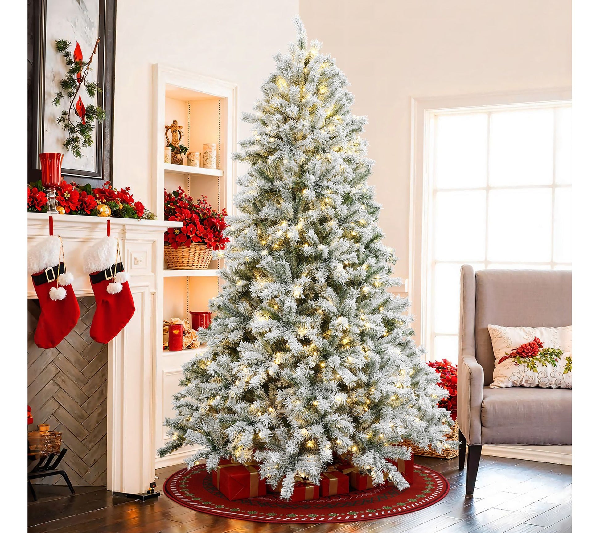 LuxenHome 7.5Ft Pre-Lit Snow Flocked Full Fir Artificial Tree
