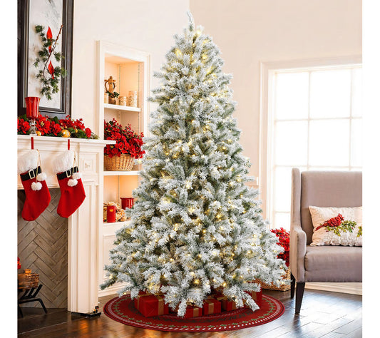 LuxenHome 7.5Ft Pre-Lit Snow Flocked Full Fir Artificial Tree