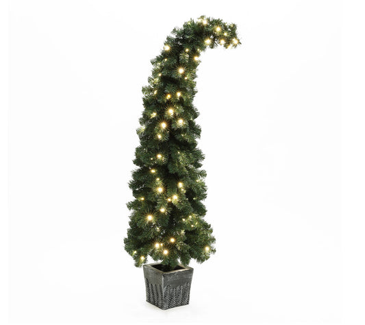 LuxenHome 5Ft Pre-Lit Leaning Top Green Artificial Potted Tree