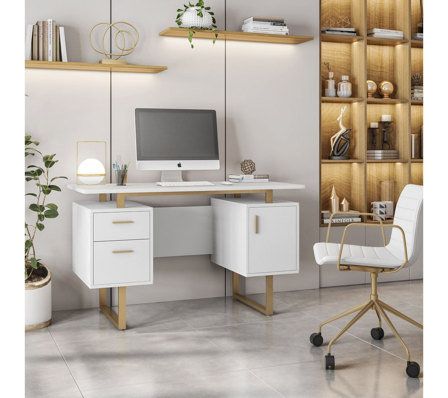 Techni Mobili 51.25" W White & Gold Office Deskw/ Drawers