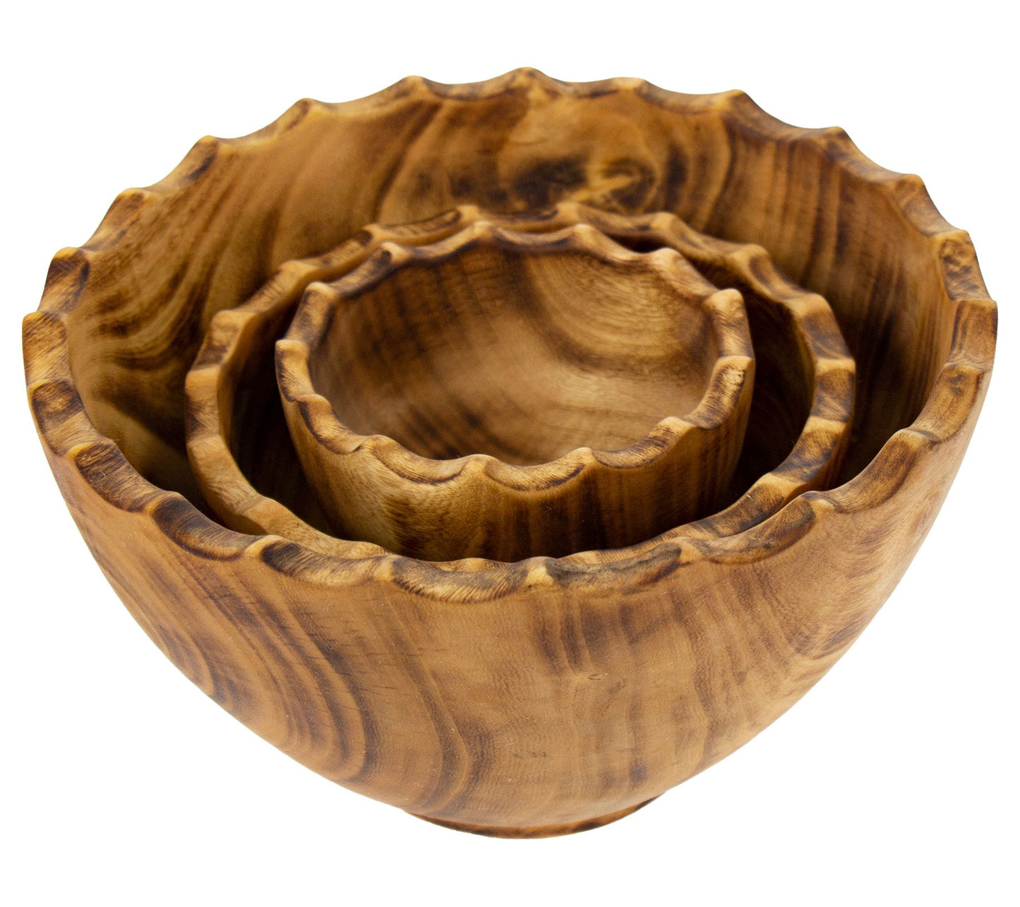 Global Craft Nested Round Scalloped Jacaranda Wood Bowls,Set/3