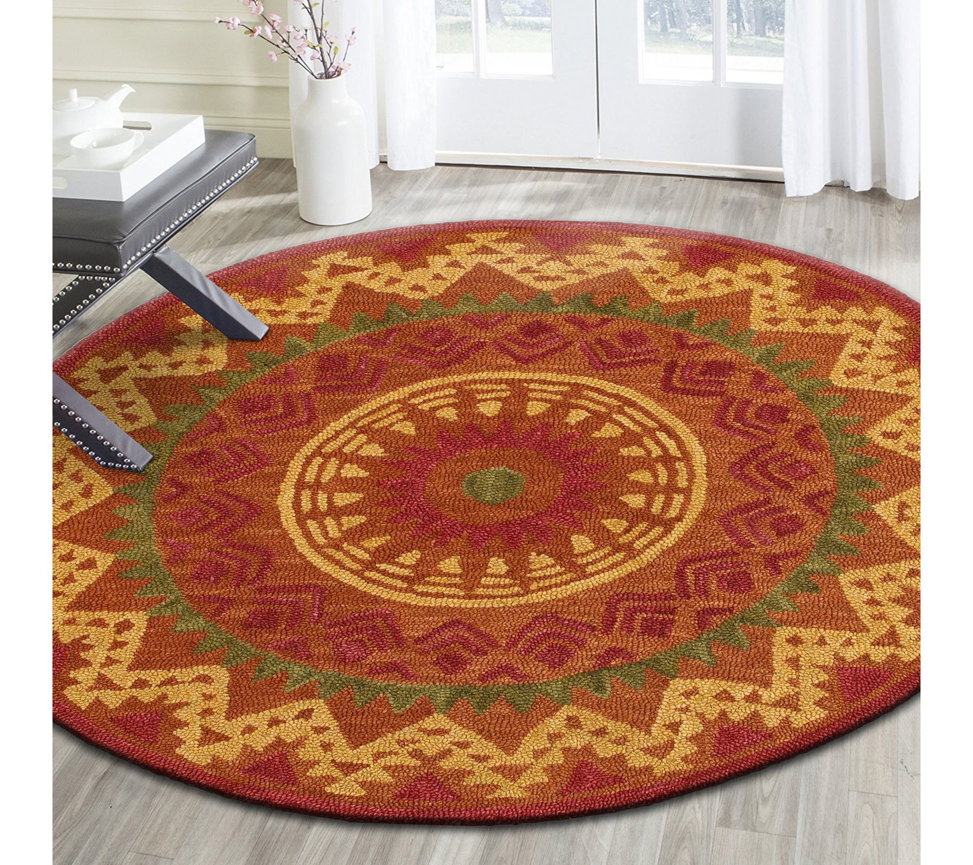 Ox Bay Orange Geometric Medallion Wool Indoor 6' Round Rug