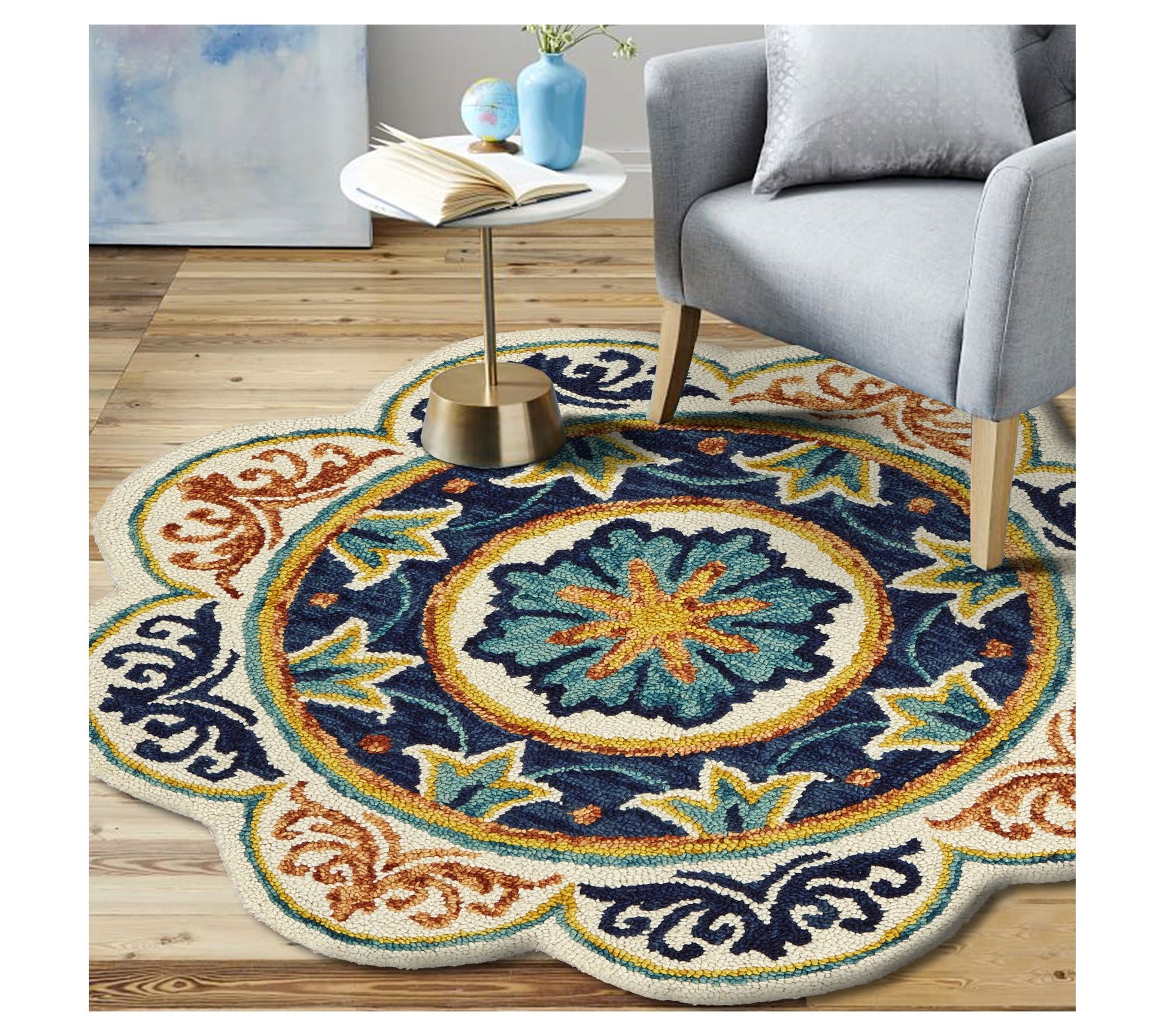 Ox Bay Maya Blue Floral Medallion Wool Indoor 6' Round Rug