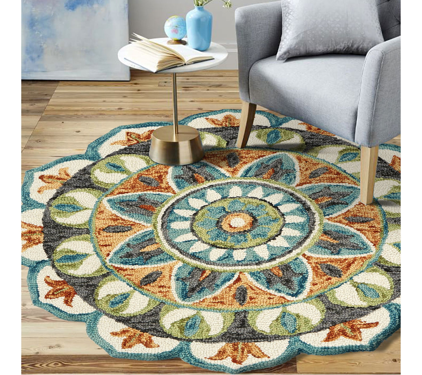 Ox Bay Mira Teal Floral Medallion Wool Indoor 6' Round Rug