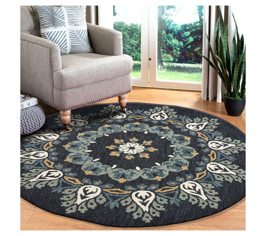 Ox Bay Charcoal/Teal Floral Medallion Wool Indoor 6' Round Rug