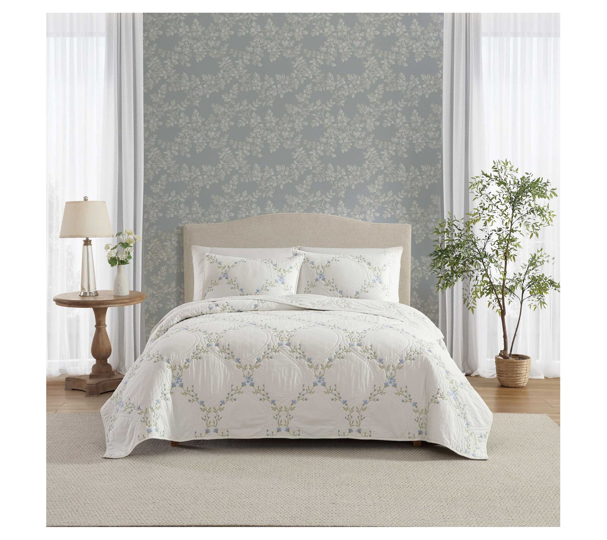 Laura Ashley Floral Embroidery Blue King QuiltSham Set