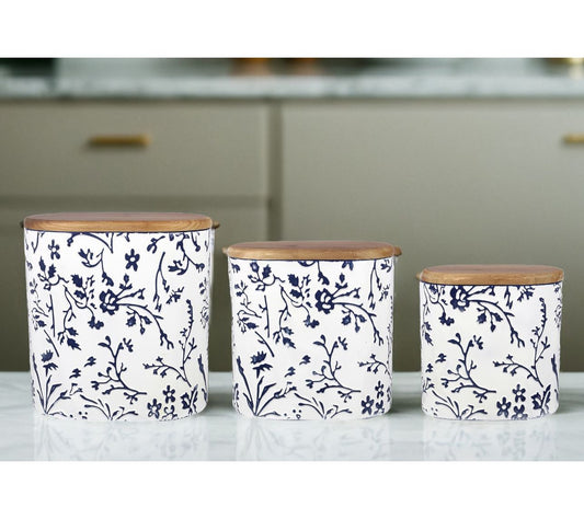 Young's 3pc Metal Blue & White Canister Set