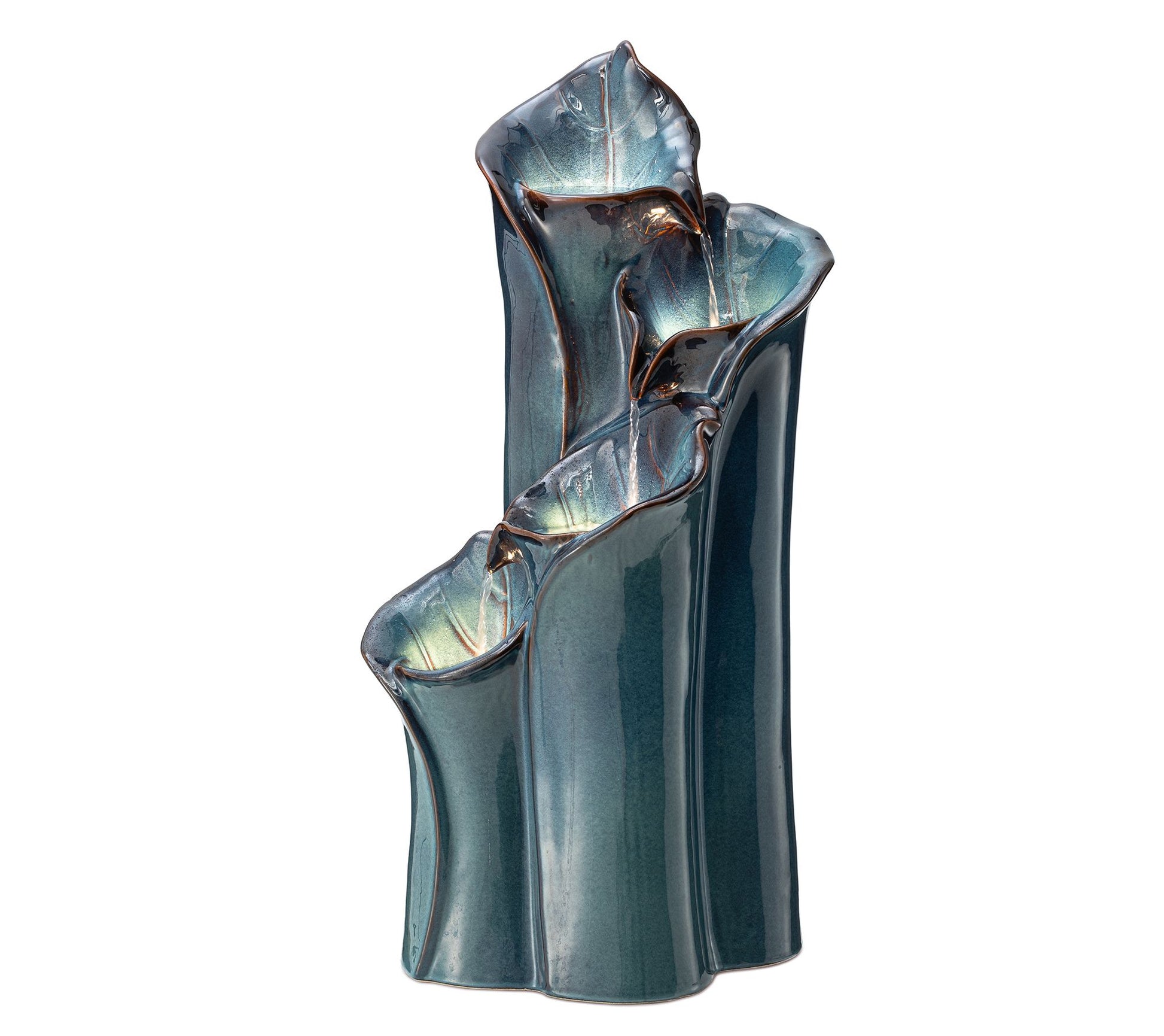 Glitzhome 4-Tiered Lotus Leaf LED Lit Ceramic Outdoor Fountain