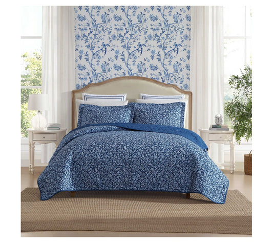 Laura Ashley Elaina Indigo Blue King Quilt ShamSet
