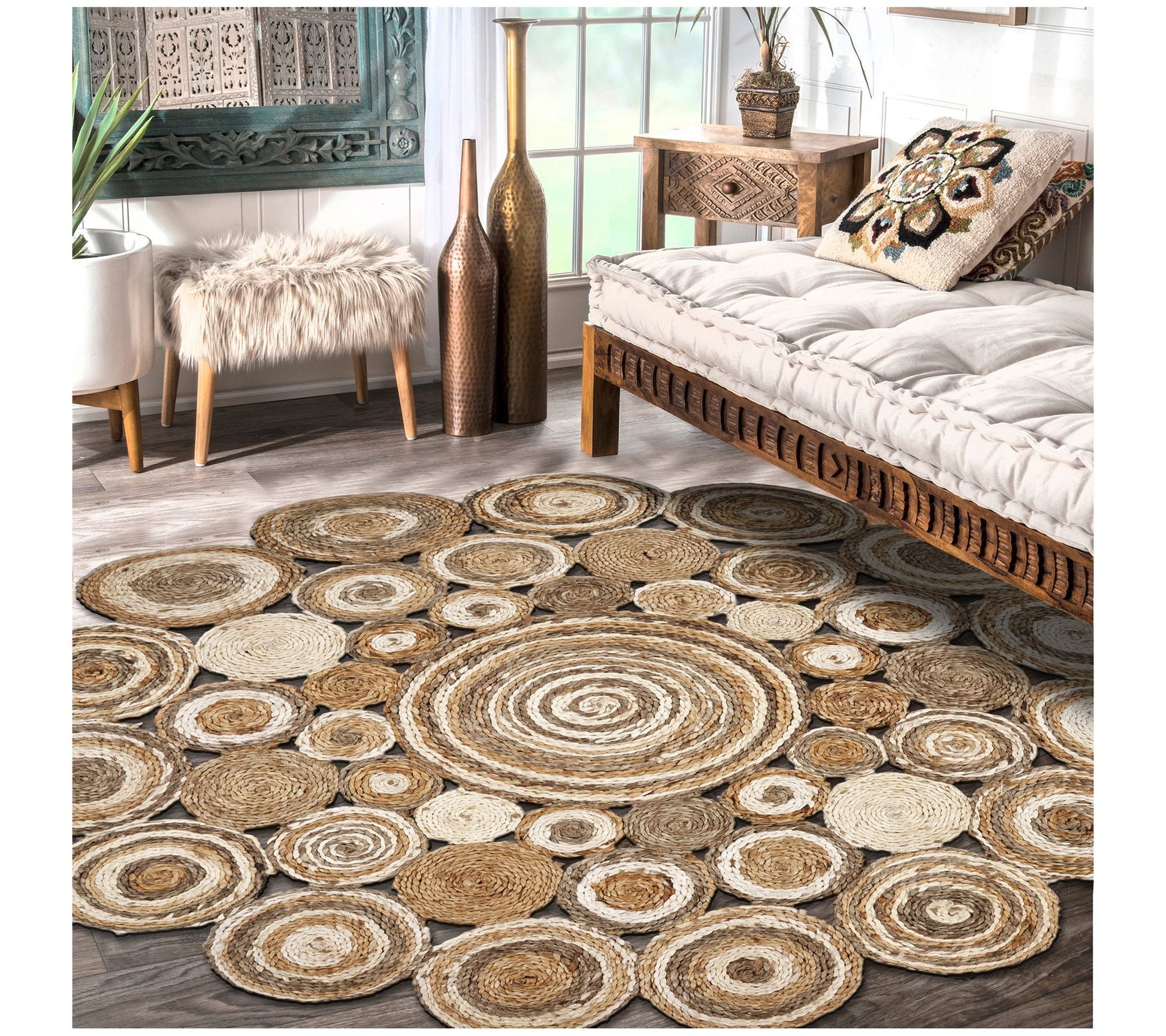 Ox Bay Dots Bohemian Hand-Braided Jute Indoor Rug, 7'6" Round