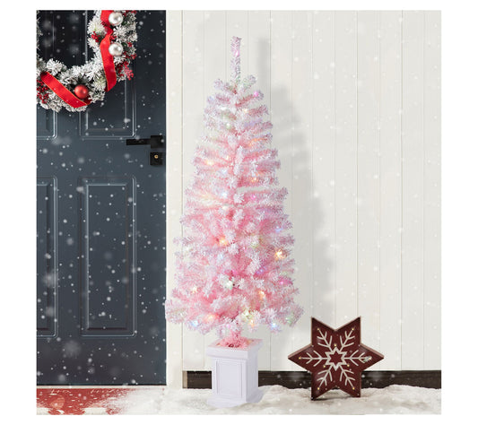 Glitzhome 5' Pre-Lit Flocked Pink Faux Christmas Porch Tree