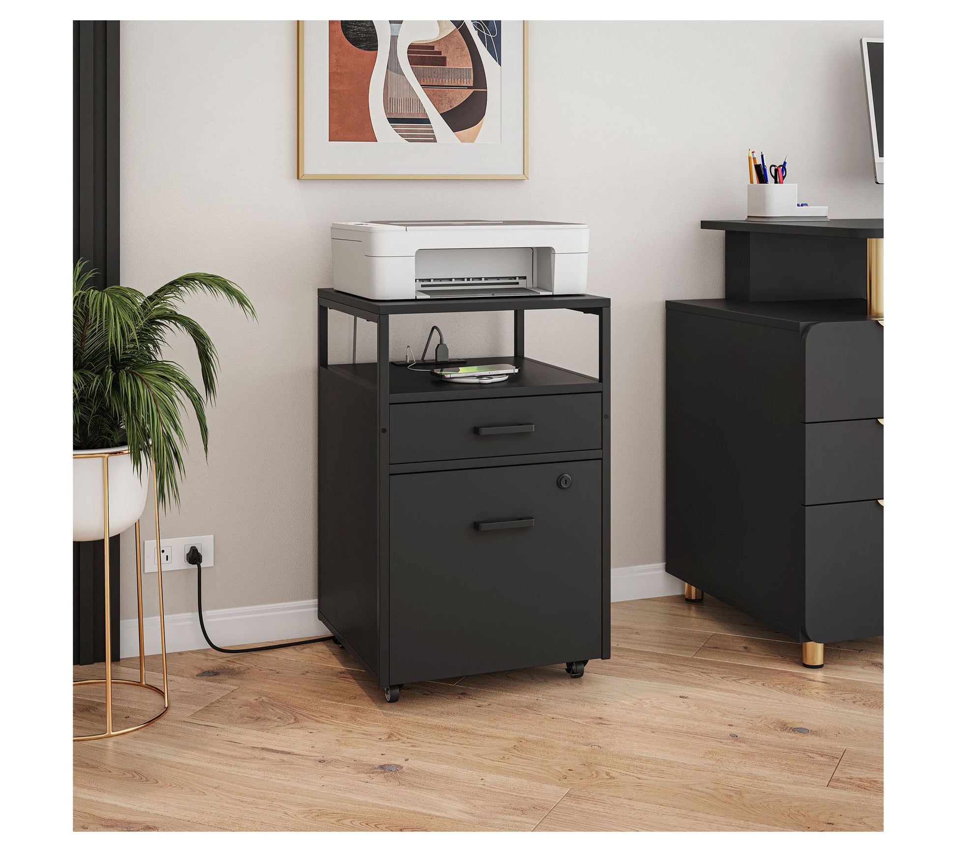 Techni Mobili Rolling 2-Drawer File Cabinet with USB Ports