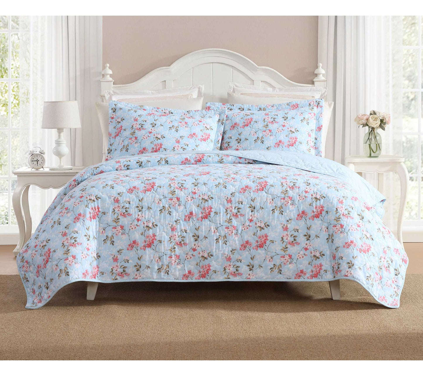 Laura Ashley Blissful Dream Blue-Pink King Quilt Set