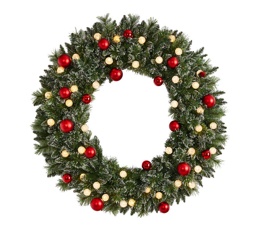 Nearly Natural 4' Oversized Fr osted Wreath w/ 40 Globe Light