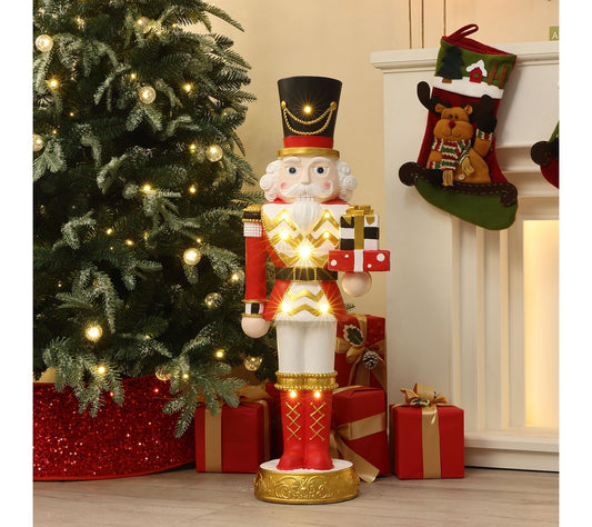 LuxenHome 3ft Lighted Red Nutcracker Soldier with Presents