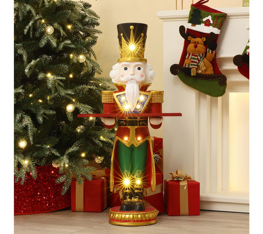 LuxenHome 3ft Lighted Red Nutcracker with Tray,Xmas Decor