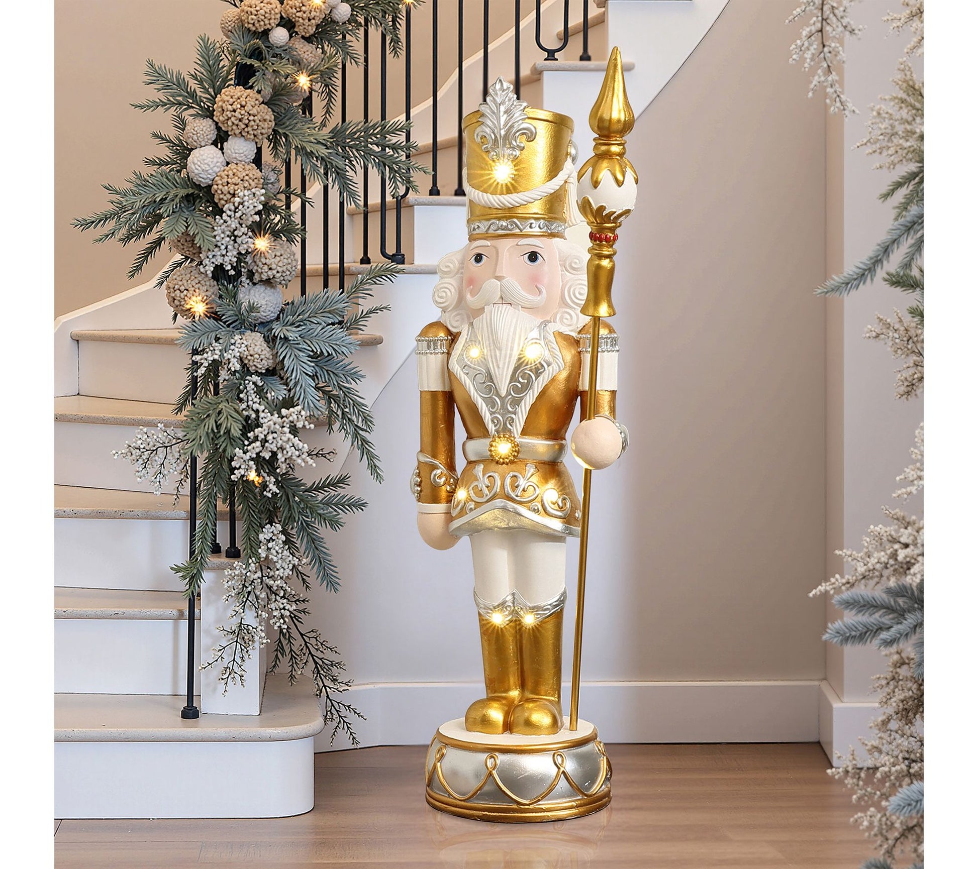 LuxenHome 4ft Lighted Silver and Gold Nutcracker with Scepter
