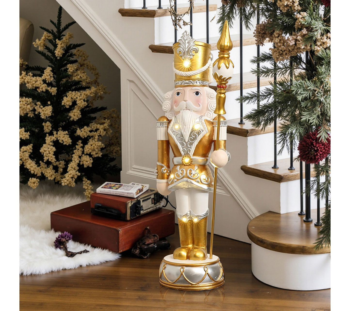 LuxenHome 3ft Lighted Silver and Gold Nutcracker with Scepter