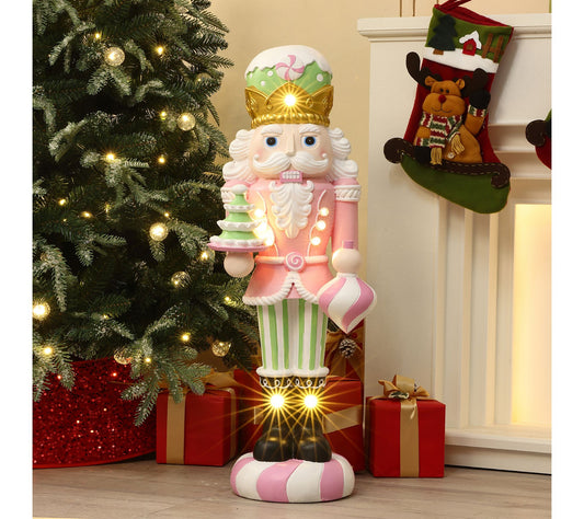 LuxenHome 3ft Lighted Nutcracker Pink Soldier with Candy Tree