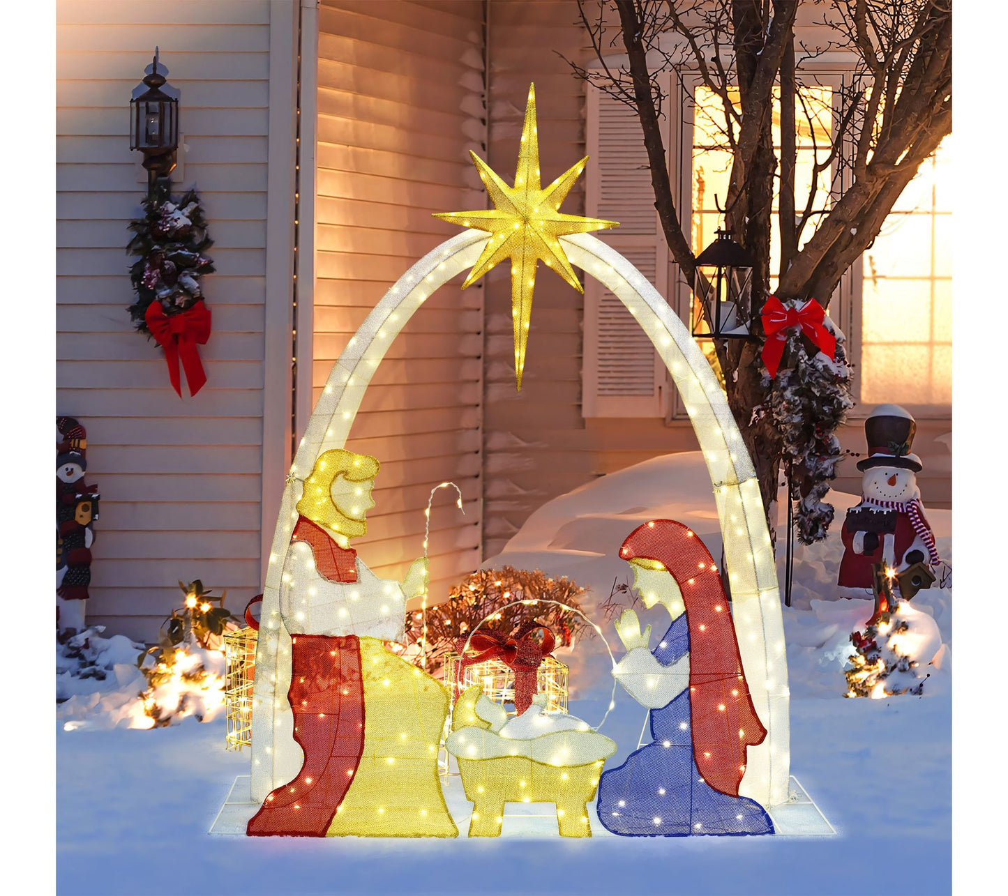 LuxenHome Lighted 5.25ft x 5.8ft Nativity Manger Holiday Decor