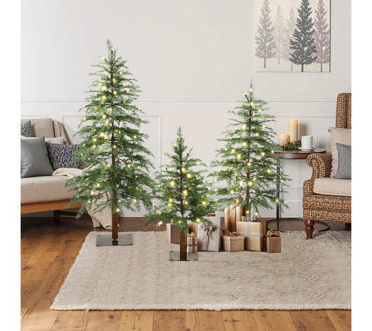 LuxenHome Lighted Artificial Trees w/ Flat Stand, Holiday Set