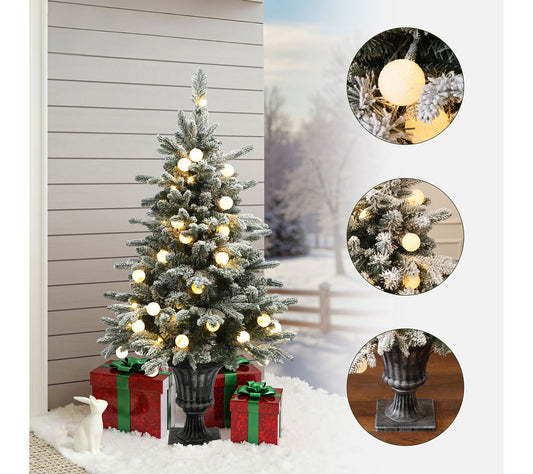 LuxenHome 4ft Pre-Lit Snow-Flocked Artificial Xmas Tree Potted