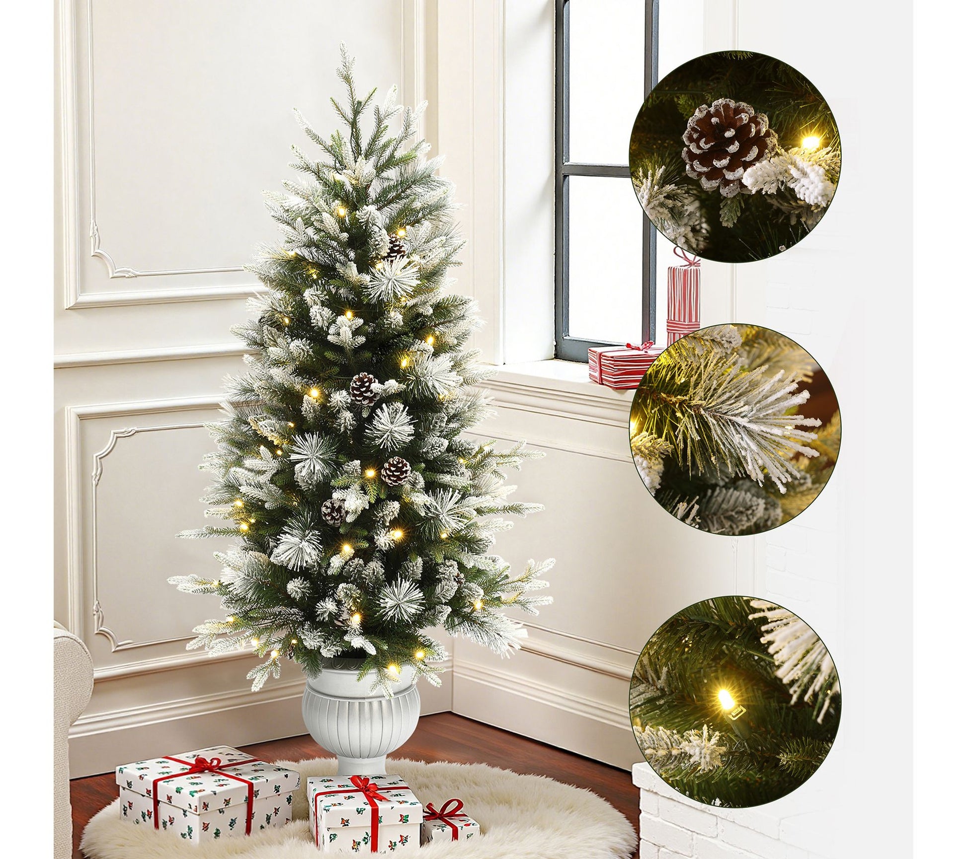 LuxenHome 4.5Ft Pre-Lit Light Flocking Artificial Xmas Tree