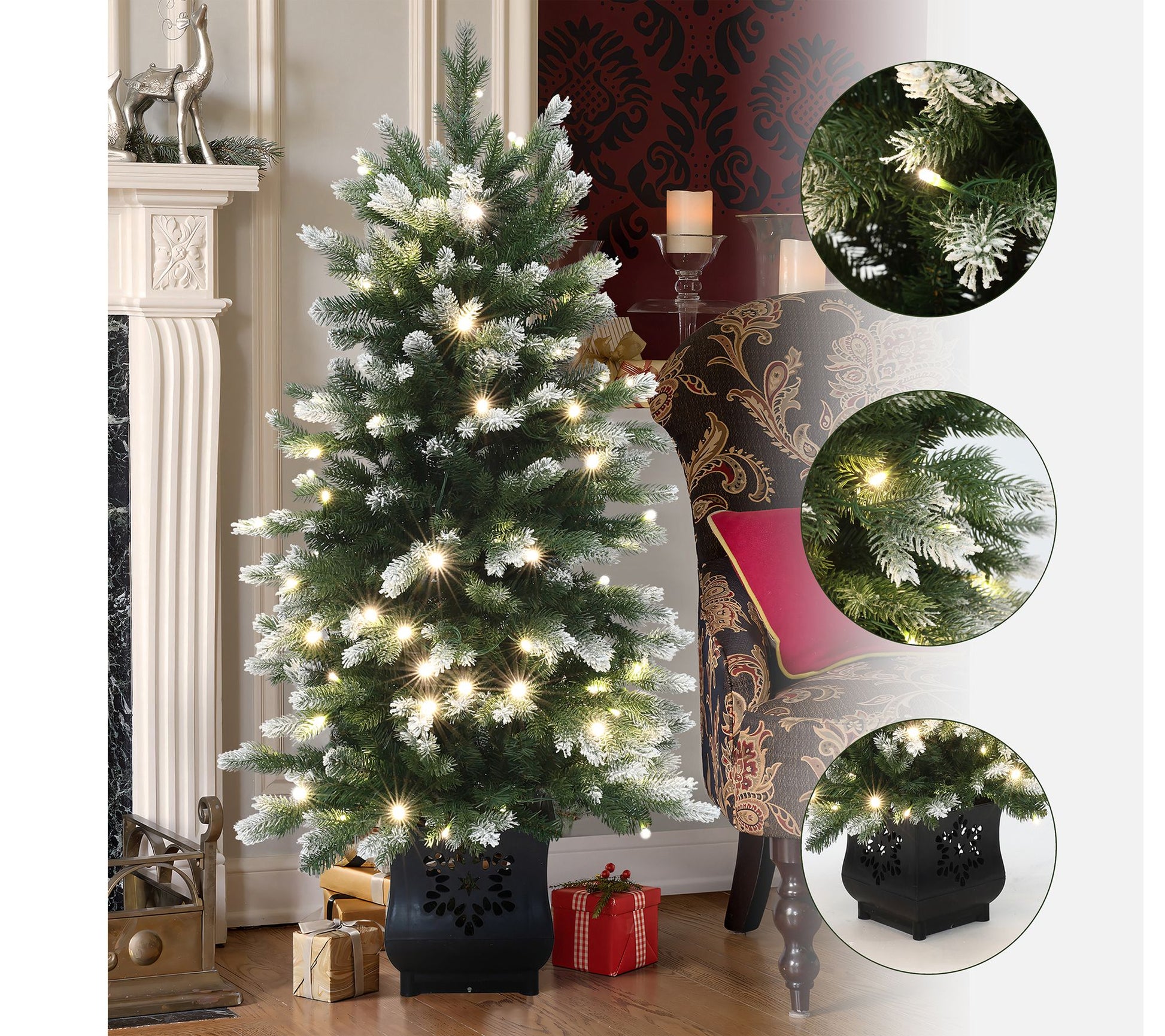 LuxenHome 4Ft Pre-Lit Green & Flocked Artificial Xmas Tree