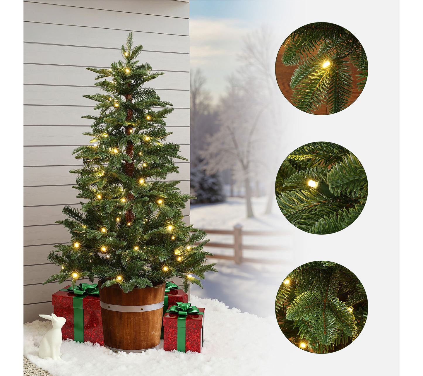 LuxenHome 4ft Pre-Lit Green Artificial Xmas Tree with Wood Pot