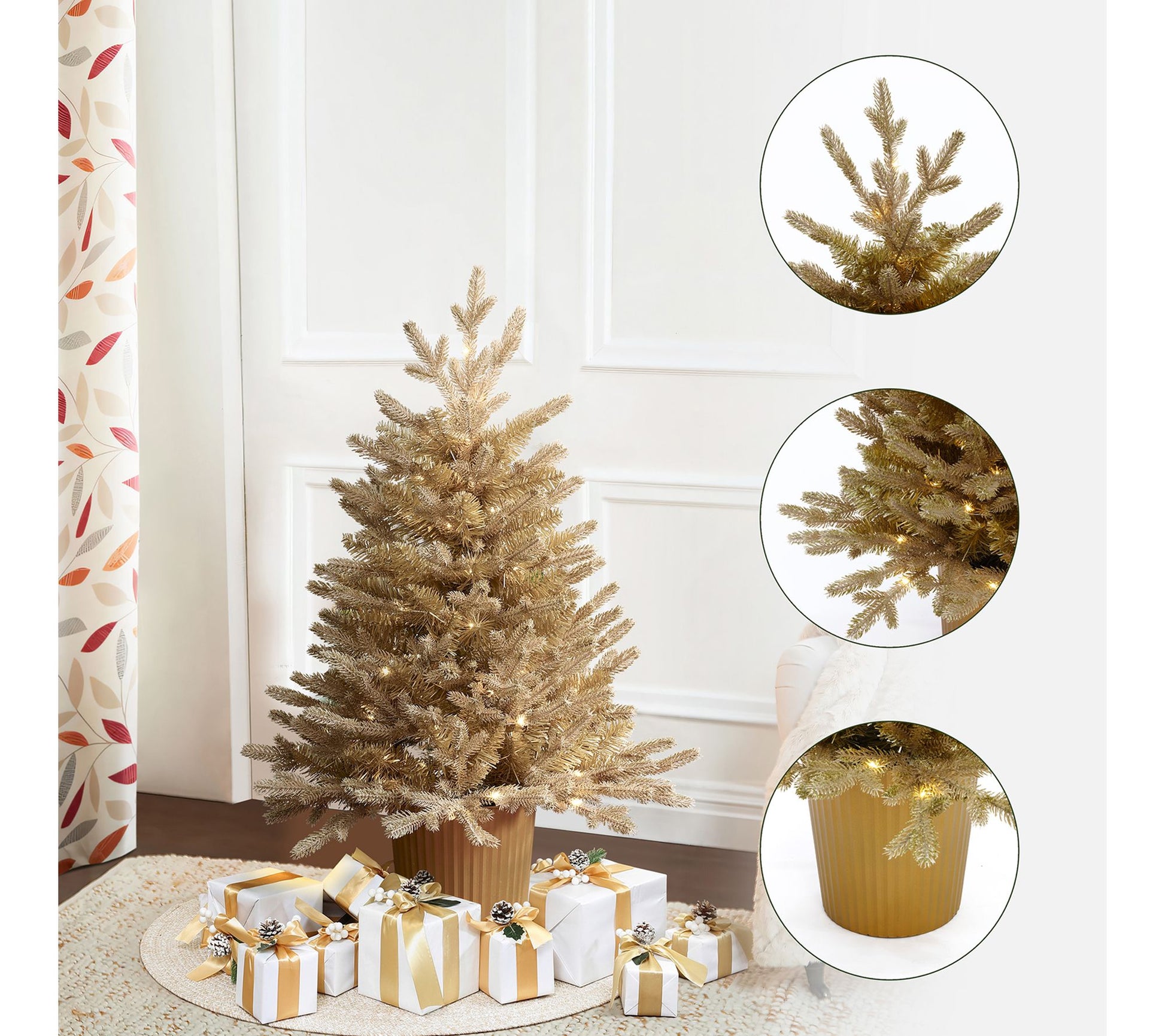 LuxenHome Lighted 3ft Gold Artificial Xmas Treewith Gold Pot