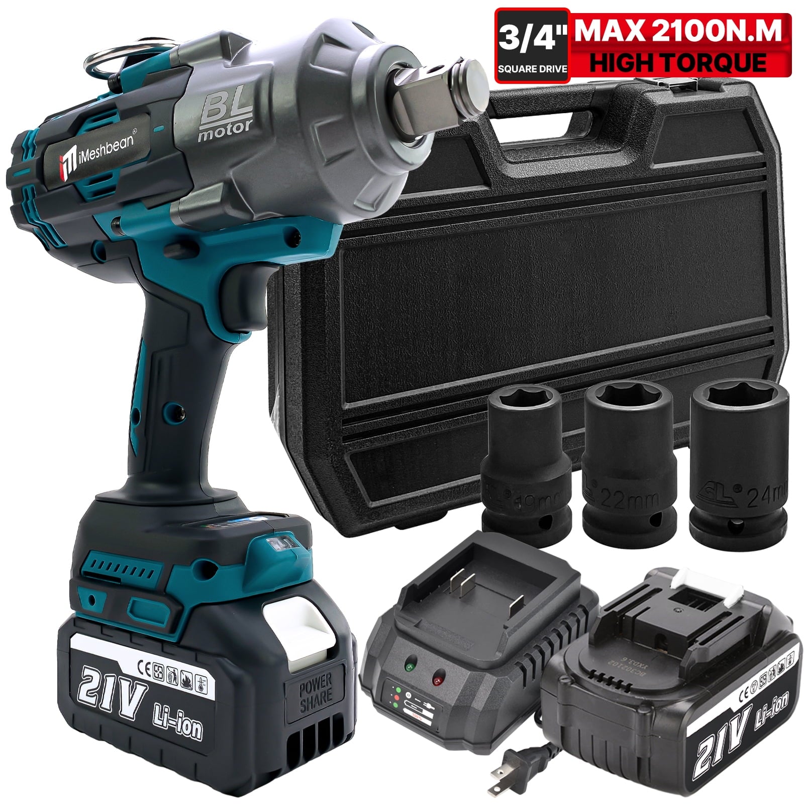 iMeshbean Brushless Cordless 3/4” High Torque Electric Impact Wrench 1549Ft-lbs(2100Nm)