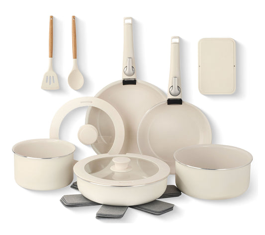 Gotham Steel Cream 18 Piece Detachable Handle Cookware Set