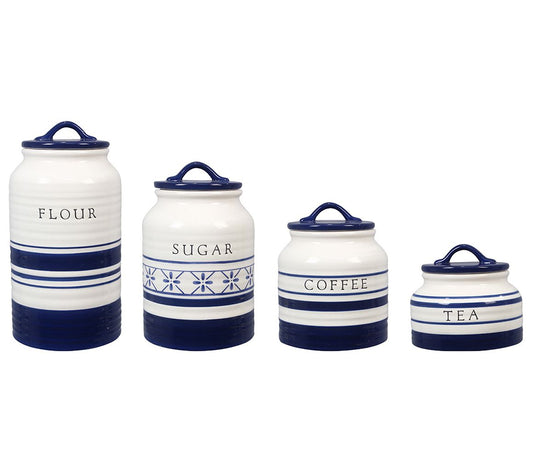 Young's Inc. Set of 4 Ceramic Blue & White Cani sters