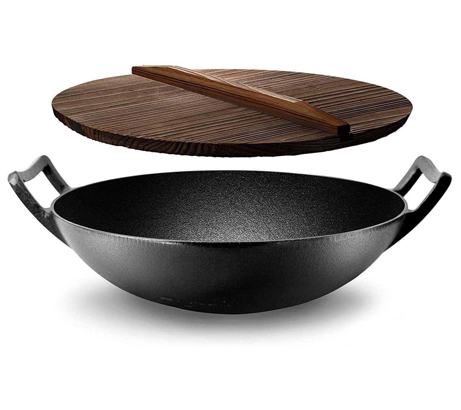 Nutrichef Cast Iron Stir Fry Wok with Wooden Lid